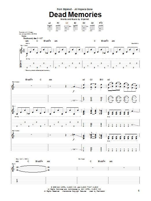 Slipknot Dead Memories Sheet Music Notes & Chords for Guitar Tab - Download or Print PDF