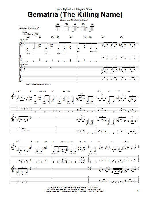 Slipknot Gematria (The Killing Name) Sheet Music Notes & Chords for Guitar Tab - Download or Print PDF