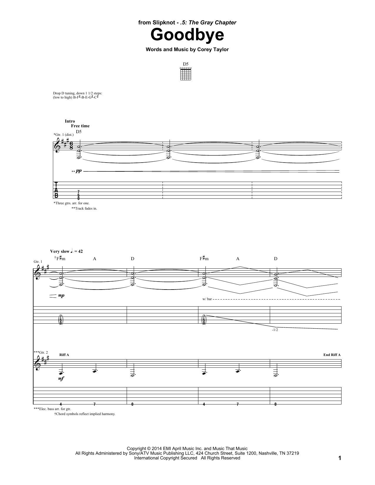 Slipknot Goodbye Sheet Music Notes & Chords for Guitar Tab - Download or Print PDF