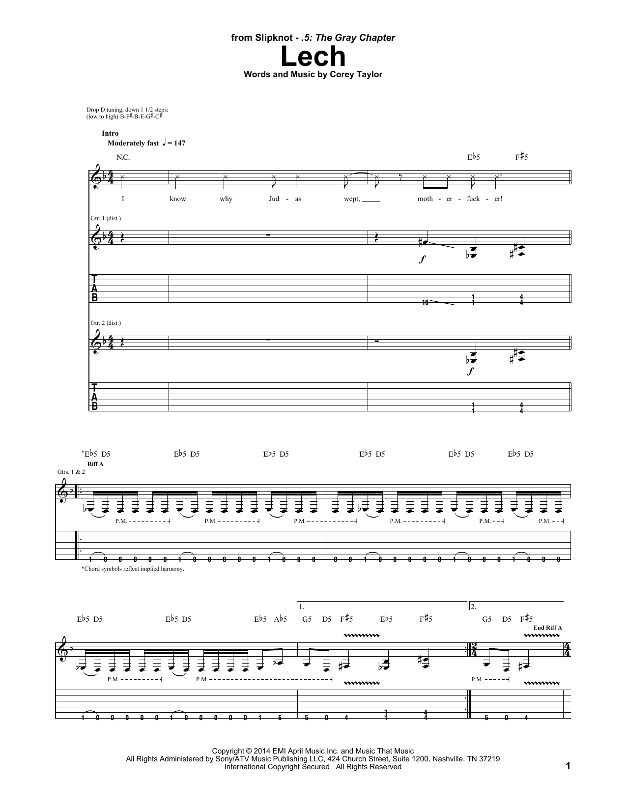 Slipknot Lech Sheet Music Notes & Chords for Guitar Tab - Download or Print PDF