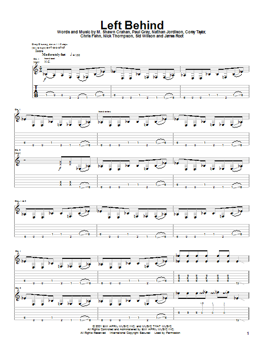 Slipknot Left Behind Sheet Music Notes & Chords for Guitar Tab - Download or Print PDF