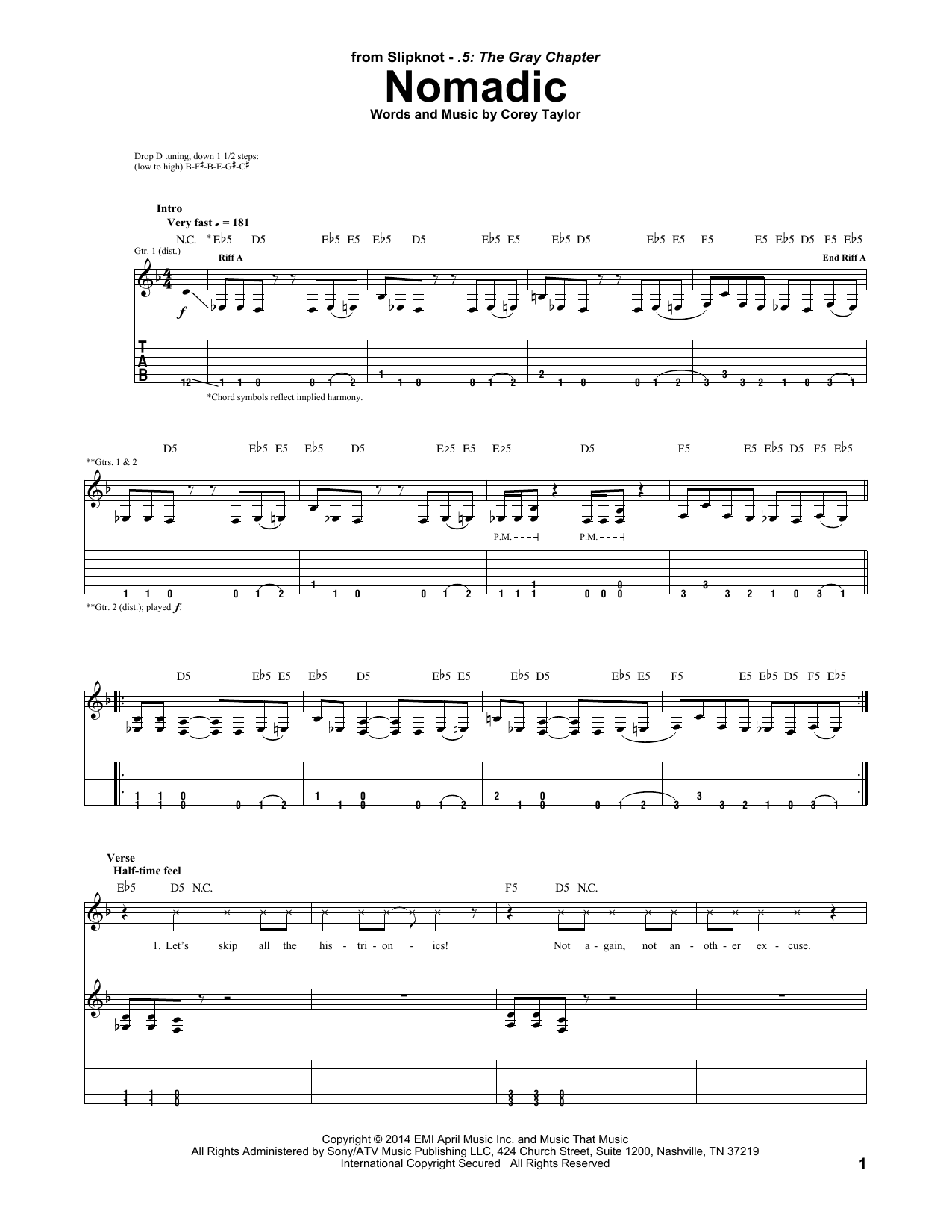 Slipknot Nomadic Sheet Music Notes & Chords for Guitar Tab - Download or Print PDF