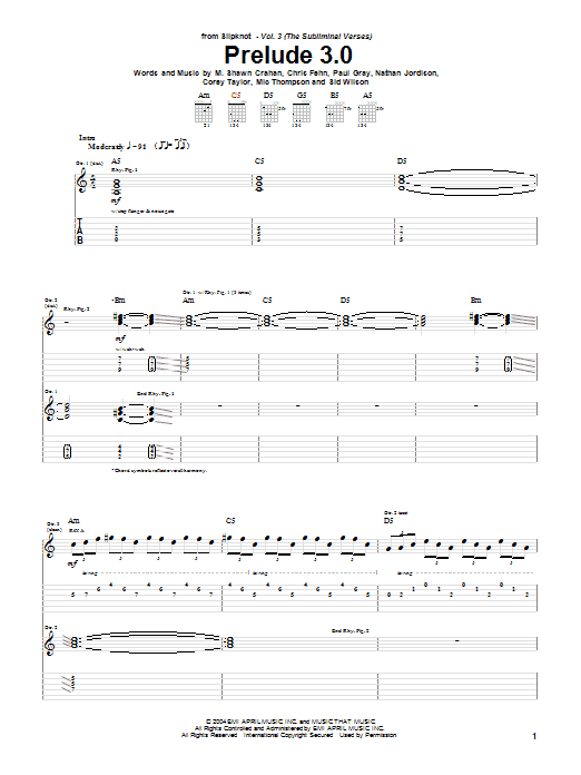 Slipknot Prelude 3.0 Sheet Music Notes & Chords for Guitar Tab - Download or Print PDF
