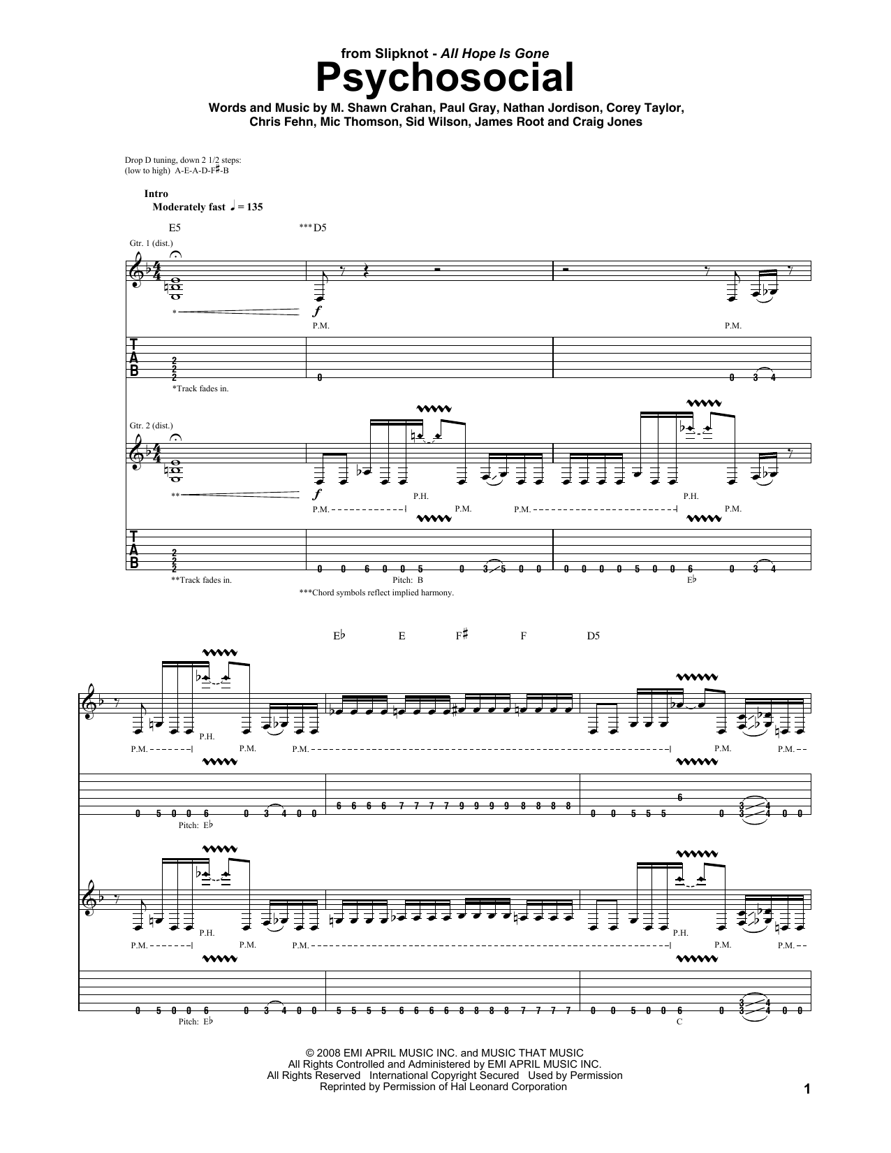 Slipknot Psychosocial Sheet Music Notes & Chords for Bass Guitar Tab - Download or Print PDF