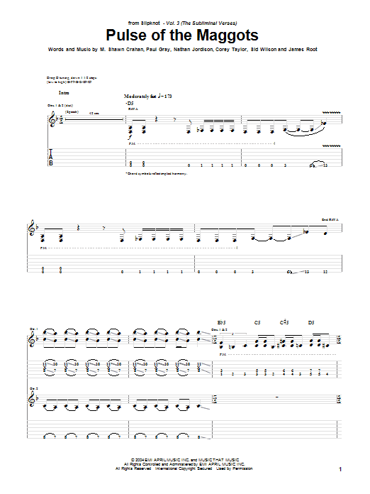 Slipknot Pulse Of The Maggots Sheet Music Notes & Chords for Guitar Tab - Download or Print PDF