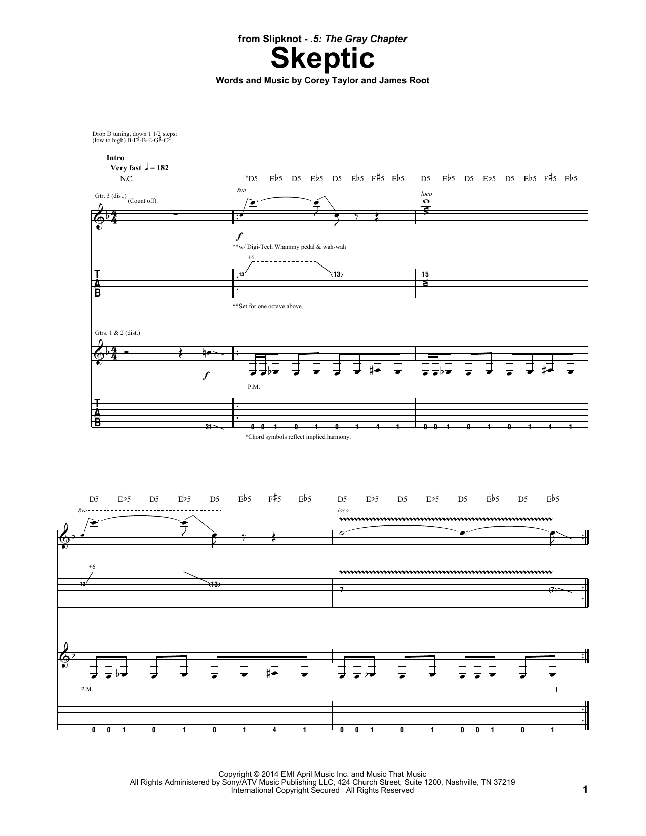 Slipknot Skeptic Sheet Music Notes & Chords for Guitar Tab - Download or Print PDF