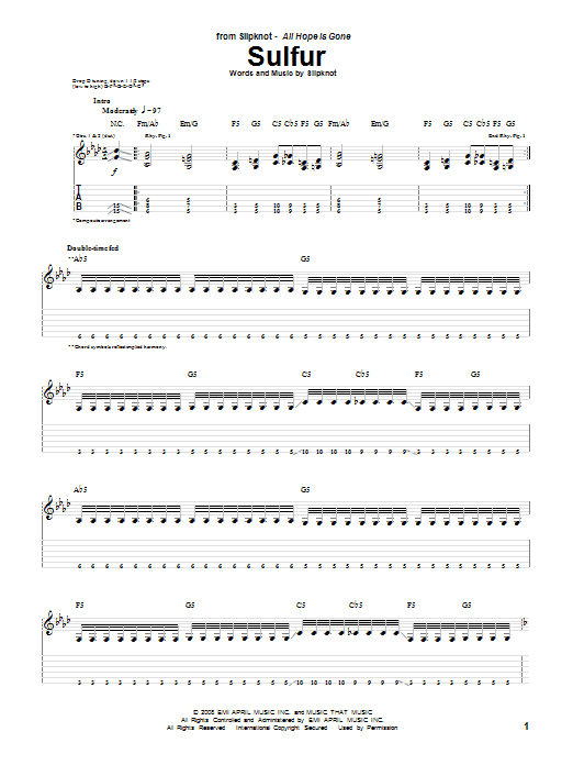 Slipknot Sulfur Sheet Music Notes & Chords for Guitar Tab - Download or Print PDF