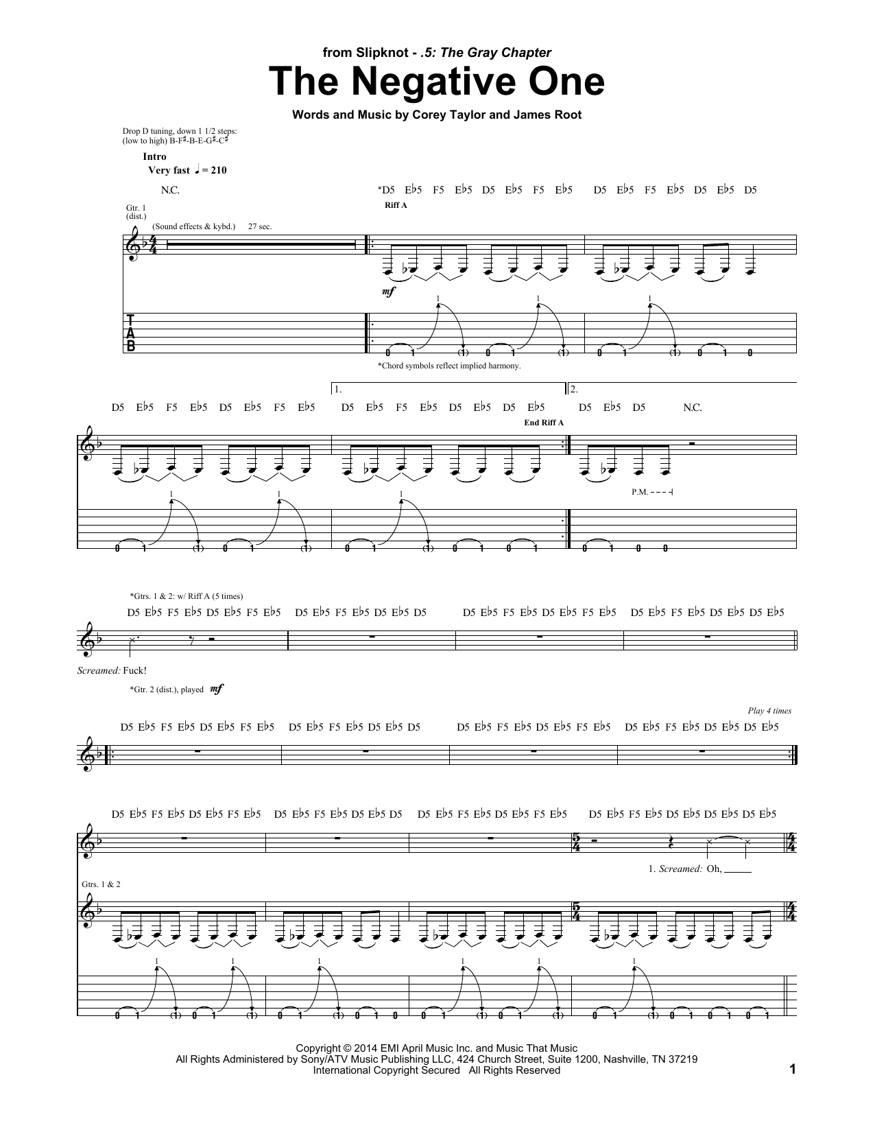 Slipknot The Negative One Sheet Music Notes & Chords for Guitar Tab - Download or Print PDF