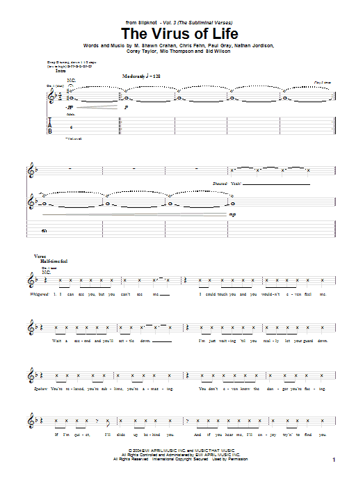 Slipknot The Virus Of Life Sheet Music Notes & Chords for Guitar Tab - Download or Print PDF