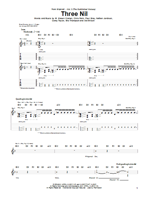 Slipknot Three Nil Sheet Music Notes & Chords for Guitar Tab - Download or Print PDF