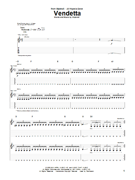 Slipknot Vendetta Sheet Music Notes & Chords for Guitar Tab - Download or Print PDF
