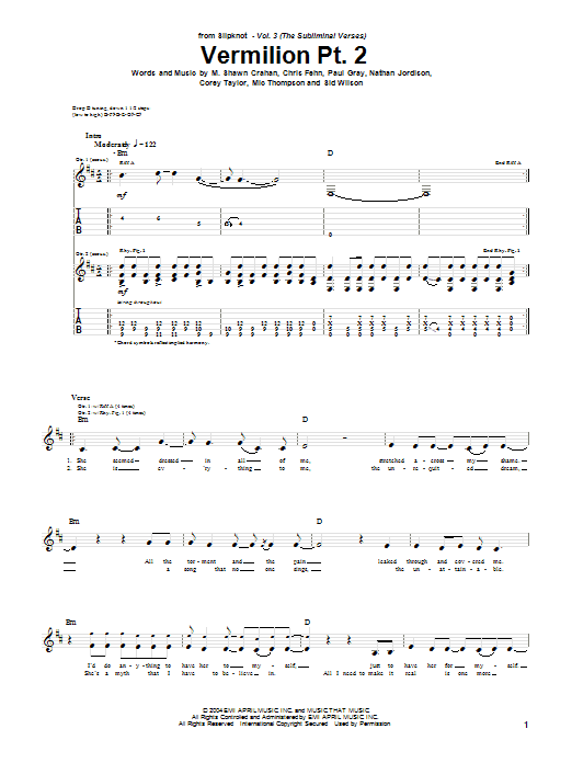 Slipknot Vermilion Pt. 2 Sheet Music Notes & Chords for Guitar Tab - Download or Print PDF