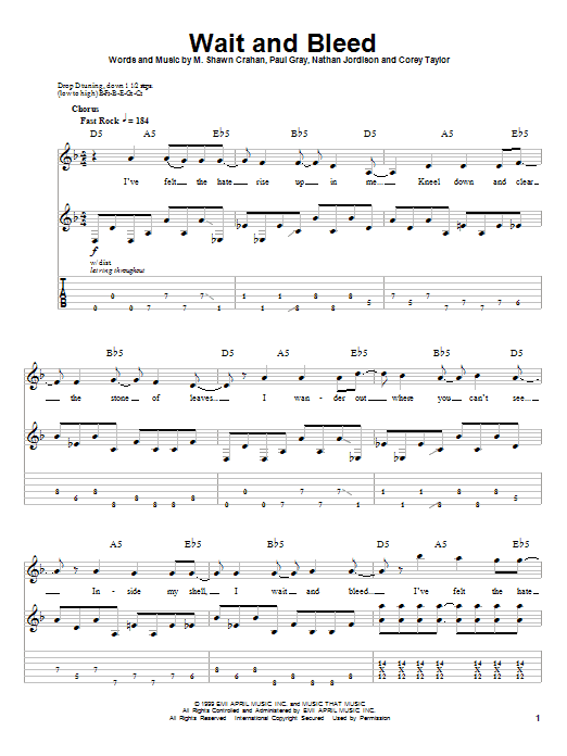 Slipknot Wait And Bleed Sheet Music Notes & Chords for Guitar Tab Play-Along - Download or Print PDF