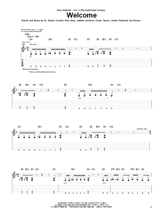 Slipknot Welcome Sheet Music Notes & Chords for Guitar Tab - Download or Print PDF