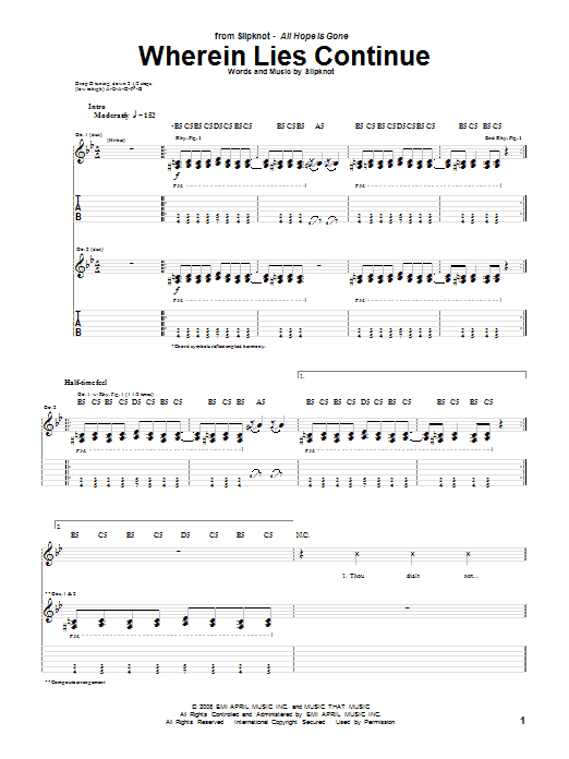 Slipknot Wherein Lies Continue Sheet Music Notes & Chords for Guitar Tab - Download or Print PDF