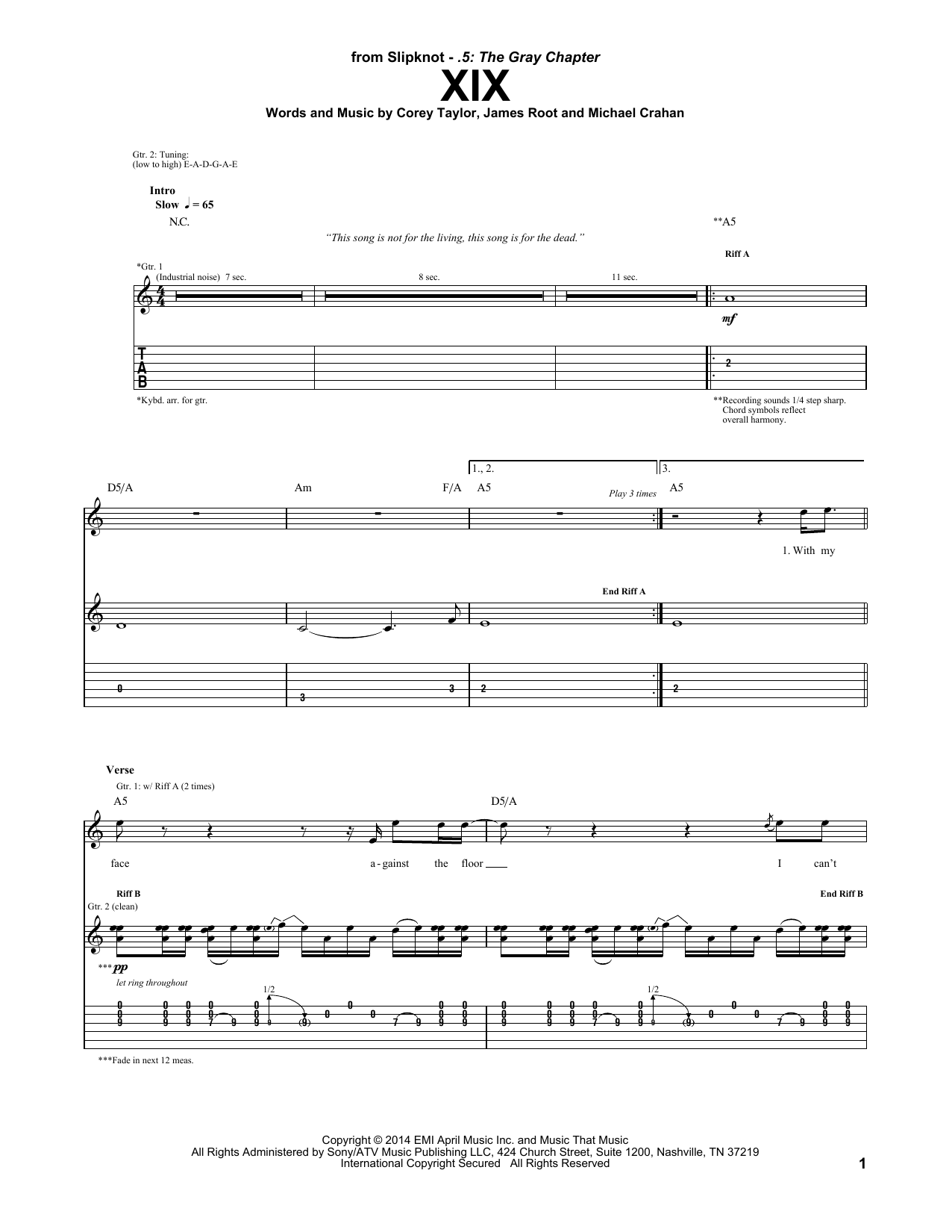 Slipknot XIX Sheet Music Notes & Chords for Guitar Tab - Download or Print PDF