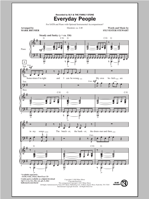 Sly & The Family Stone Everyday People (arr. Mark Brymer) Sheet Music Notes & Chords for SATB - Download or Print PDF