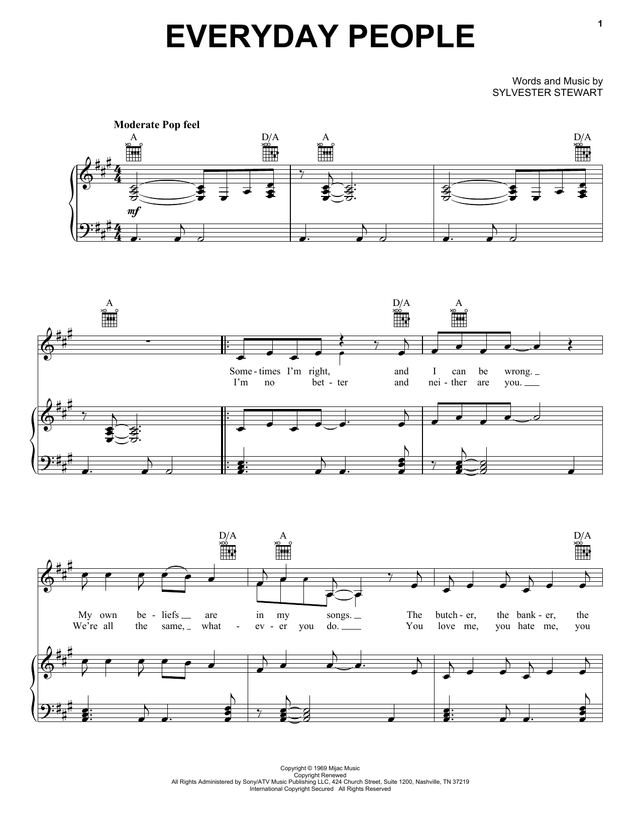 Sly & The Family Stone Everyday People Sheet Music Notes & Chords for Guitar Chords/Lyrics - Download or Print PDF