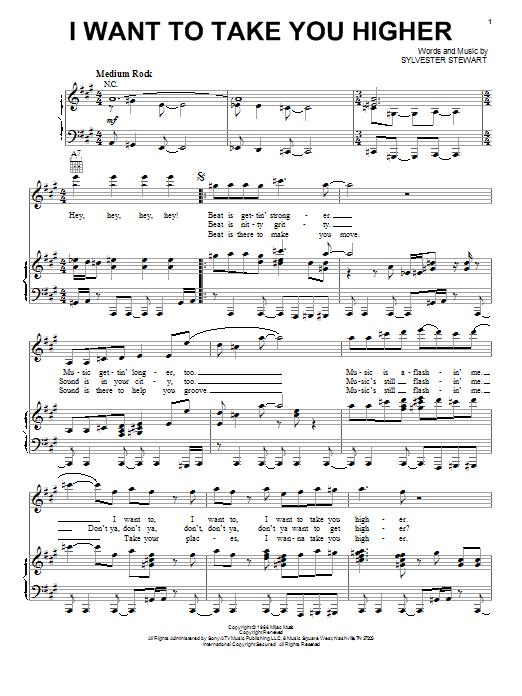 Sly & The Family Stone I Want To Take You Higher Sheet Music Notes & Chords for Piano, Vocal & Guitar (Right-Hand Melody) - Download or Print PDF