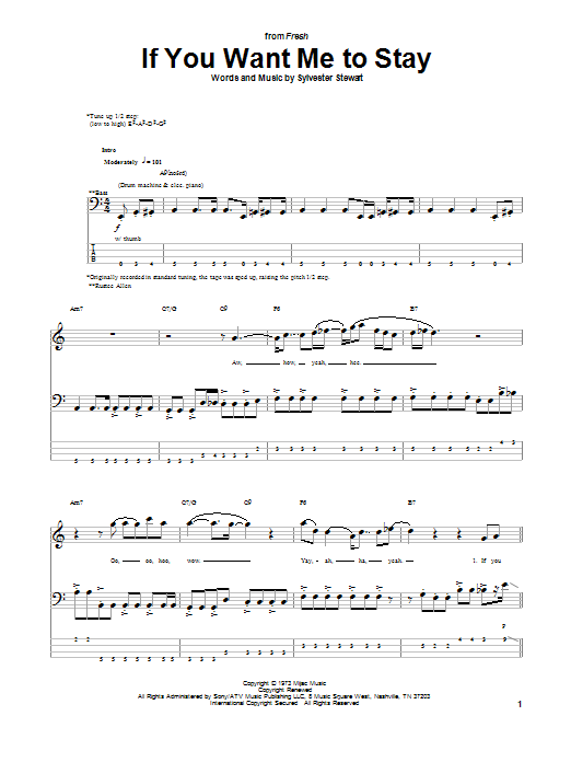 Sly & The Family Stone If You Want Me To Stay Sheet Music Notes & Chords for Bass Voice - Download or Print PDF