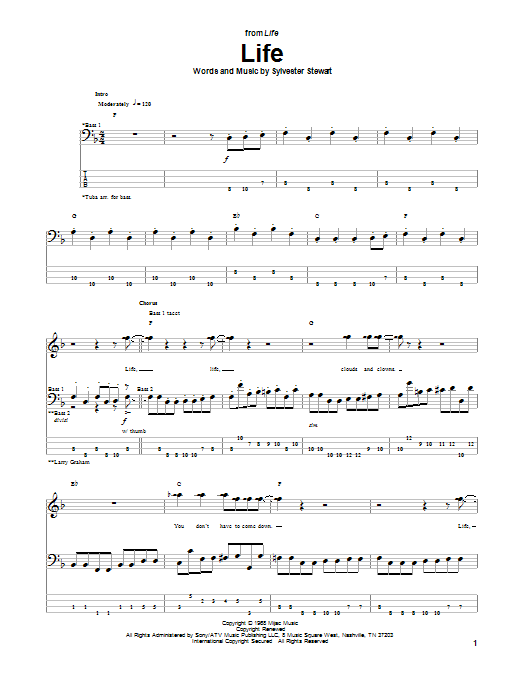 Sly & The Family Stone Life Sheet Music Notes & Chords for Bass Guitar Tab - Download or Print PDF