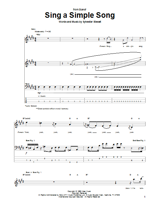 Sly & The Family Stone Sing A Simple Song Sheet Music Notes & Chords for Bass Guitar Tab - Download or Print PDF
