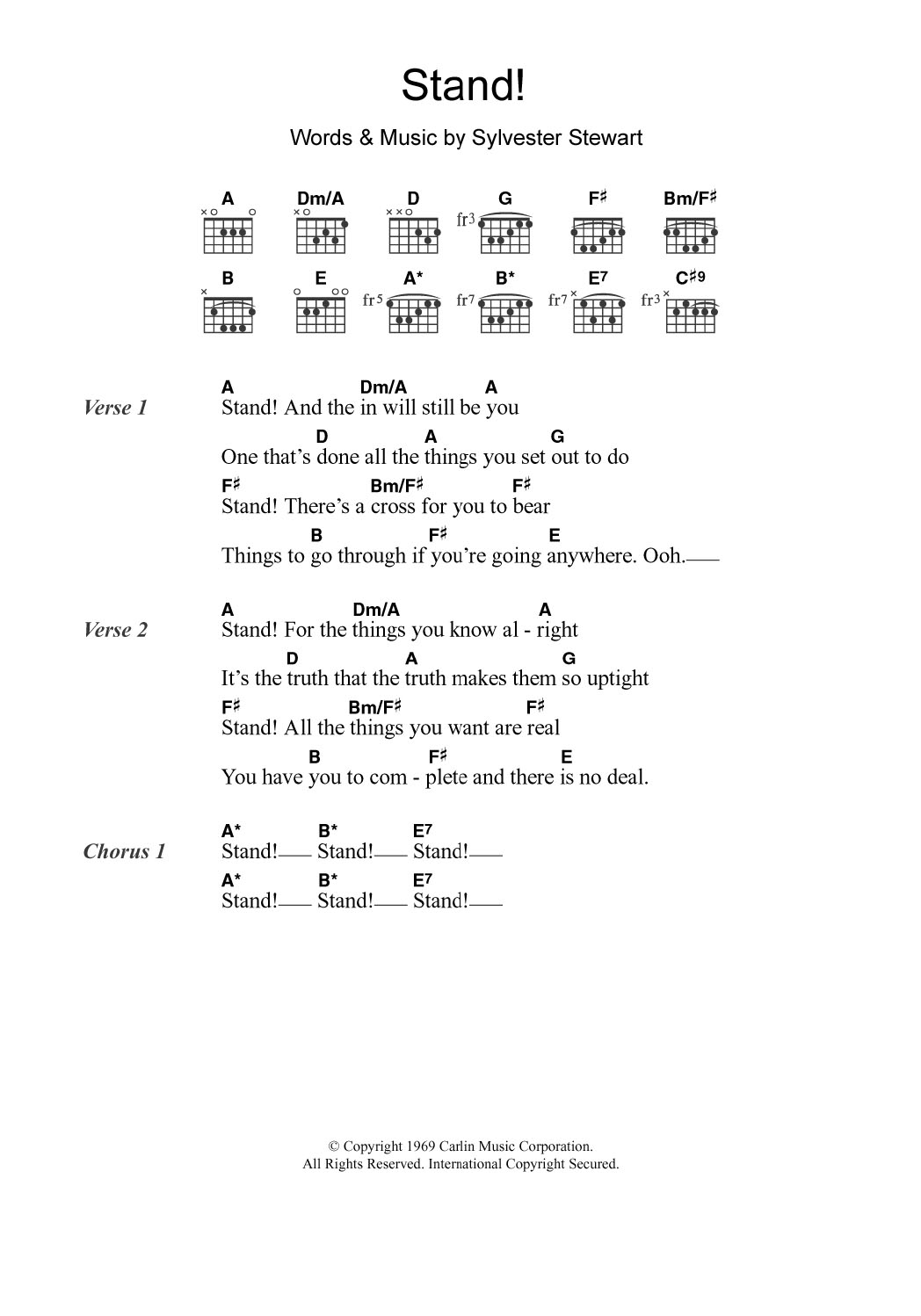 Sly & The Family Stone Stand! Sheet Music Notes & Chords for Guitar Chords/Lyrics - Download or Print PDF