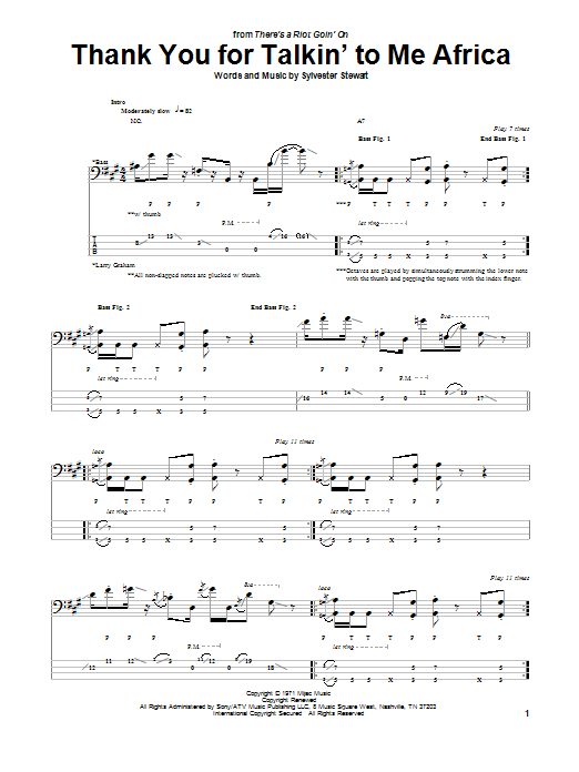 Sly & The Family Stone Thank You For Talkin' To Me Africa Sheet Music Notes & Chords for Bass Guitar Tab - Download or Print PDF