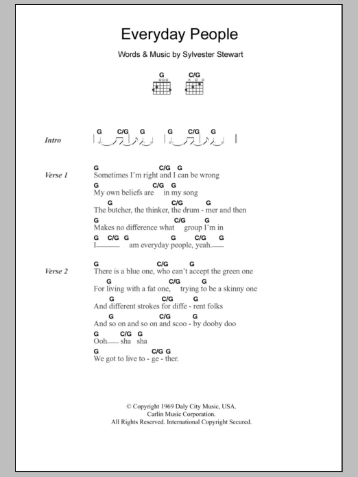 Sly And The Family Stone Everyday People Sheet Music Notes & Chords for Piano, Vocal & Guitar - Download or Print PDF