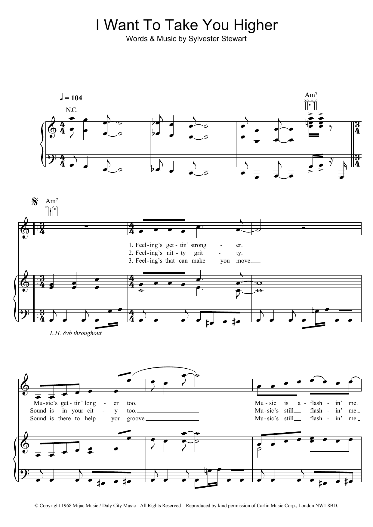 Sly And The Family Stone I Want To Take You Higher Sheet Music Notes & Chords for Piano, Vocal & Guitar (Right-Hand Melody) - Download or Print PDF