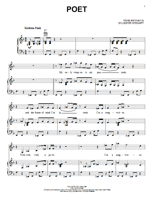 Sly And The Family Stone Poet Sheet Music Notes & Chords for Piano, Vocal & Guitar (Right-Hand Melody) - Download or Print PDF