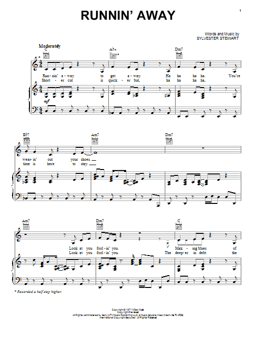 Sly And The Family Stone Runnin' Away Sheet Music Notes & Chords for Piano, Vocal & Guitar (Right-Hand Melody) - Download or Print PDF
