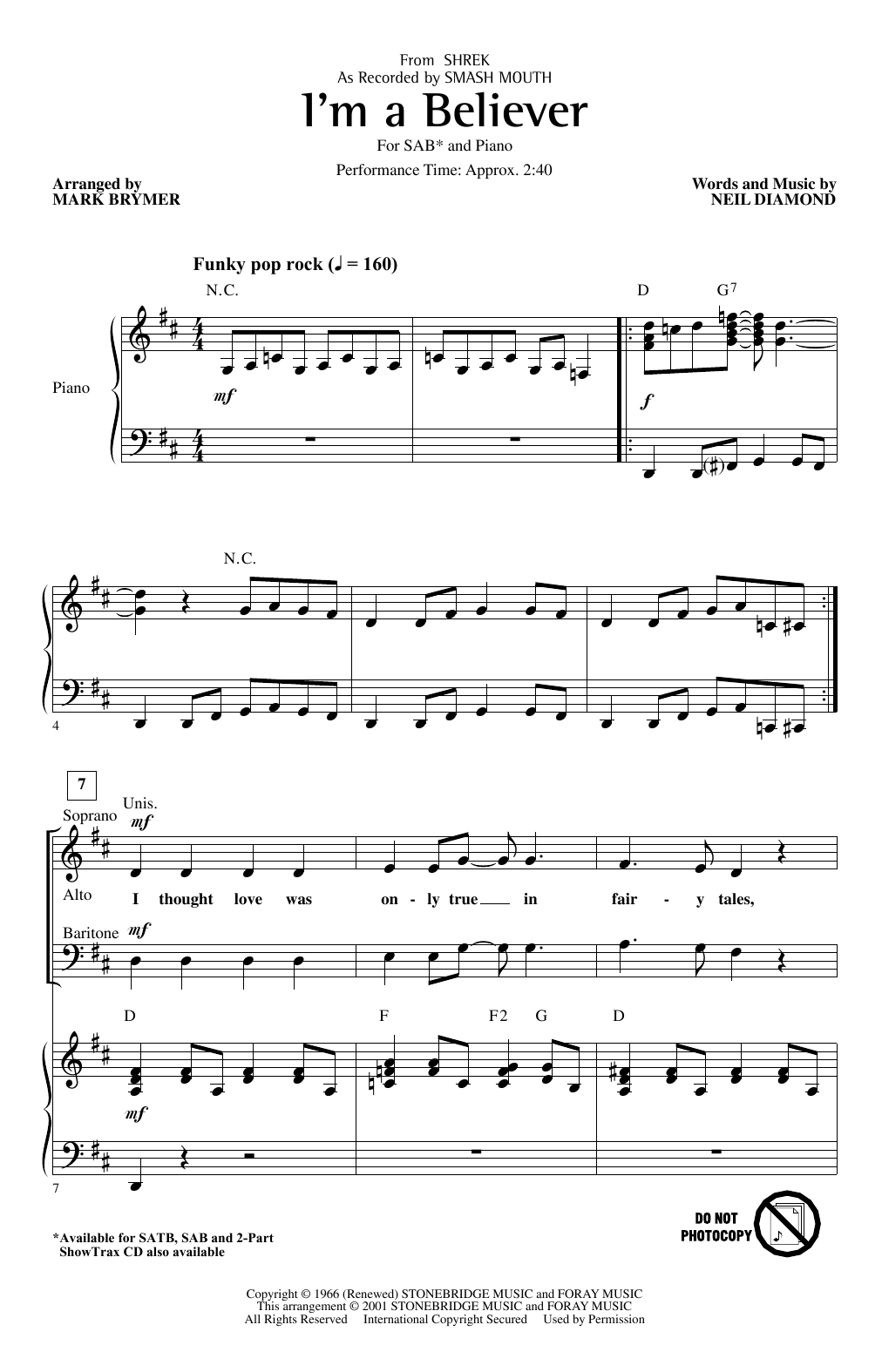Smash Mouth I'm A Believer (from Shrek) (arr. Mark Brymer) Sheet Music Notes & Chords for 2-Part Choir - Download or Print PDF
