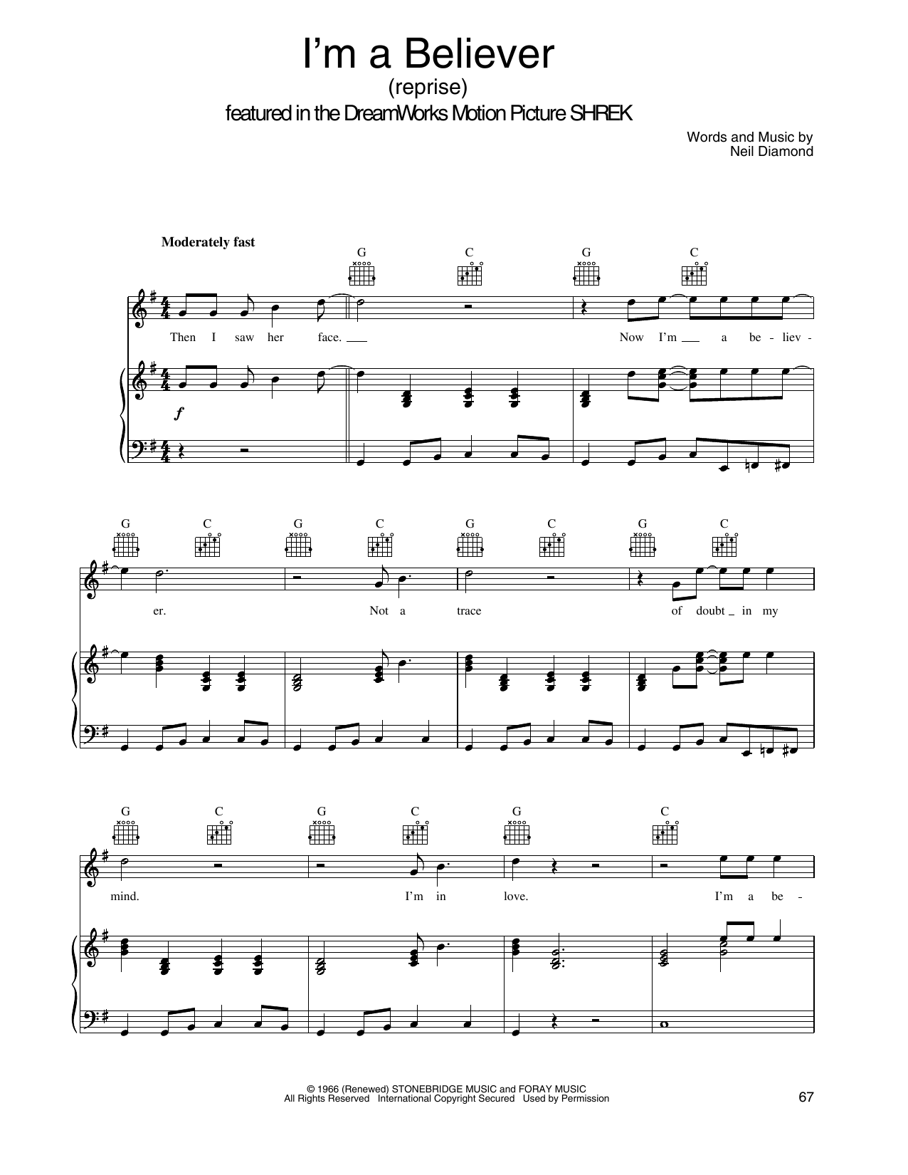 Smash Mouth I'm A Believer (from Shrek) Sheet Music Notes & Chords for Piano, Vocal & Guitar Chords (Right-Hand Melody) - Download or Print PDF