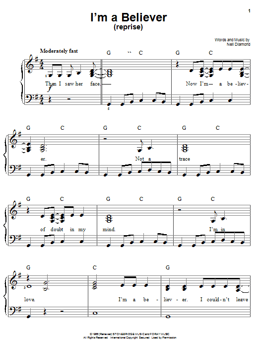 Smash Mouth I'm A Believer (Reprise) Sheet Music Notes & Chords for Easy Piano - Download or Print PDF
