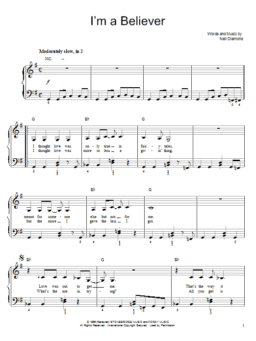 Smash Mouth I'm A Believer Sheet Music Notes & Chords for Easy Piano - Download or Print PDF