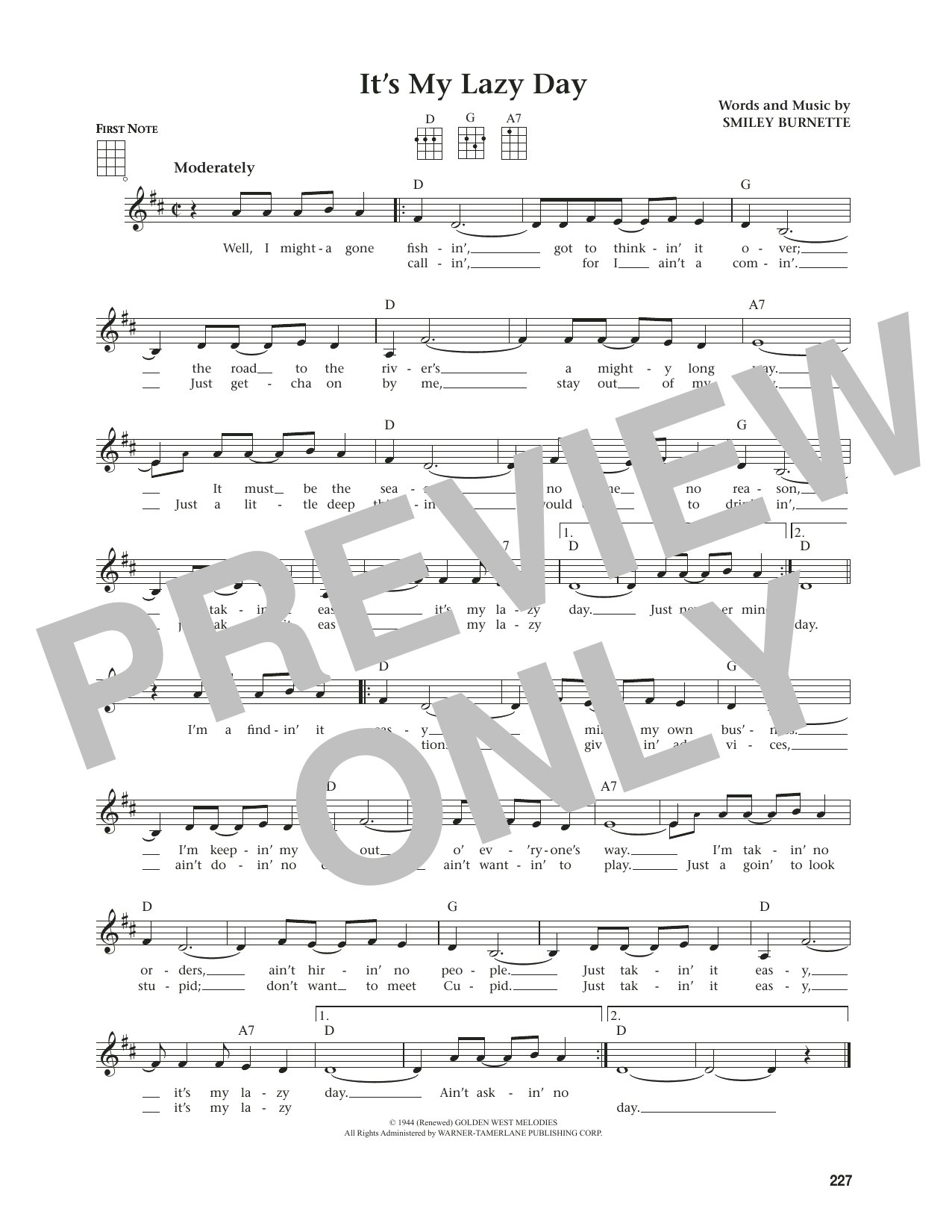 Smiley Burnette It's My Lazy Day (from The Daily Ukulele) (arr. Jim Beloff) Sheet Music Notes & Chords for Ukulele - Download or Print PDF