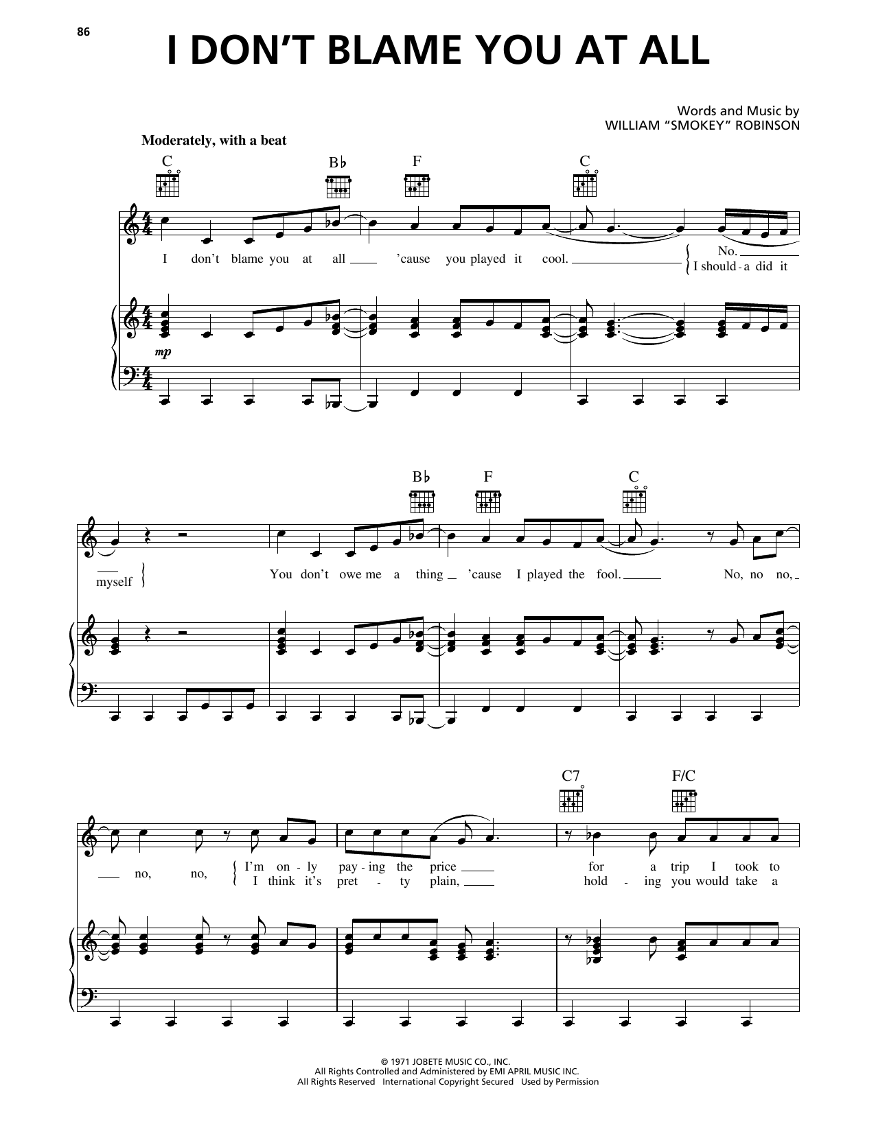 Smokey Robinson & The Miracles I Don't Blame You At All Sheet Music Notes & Chords for Piano, Vocal & Guitar Chords (Right-Hand Melody) - Download or Print PDF