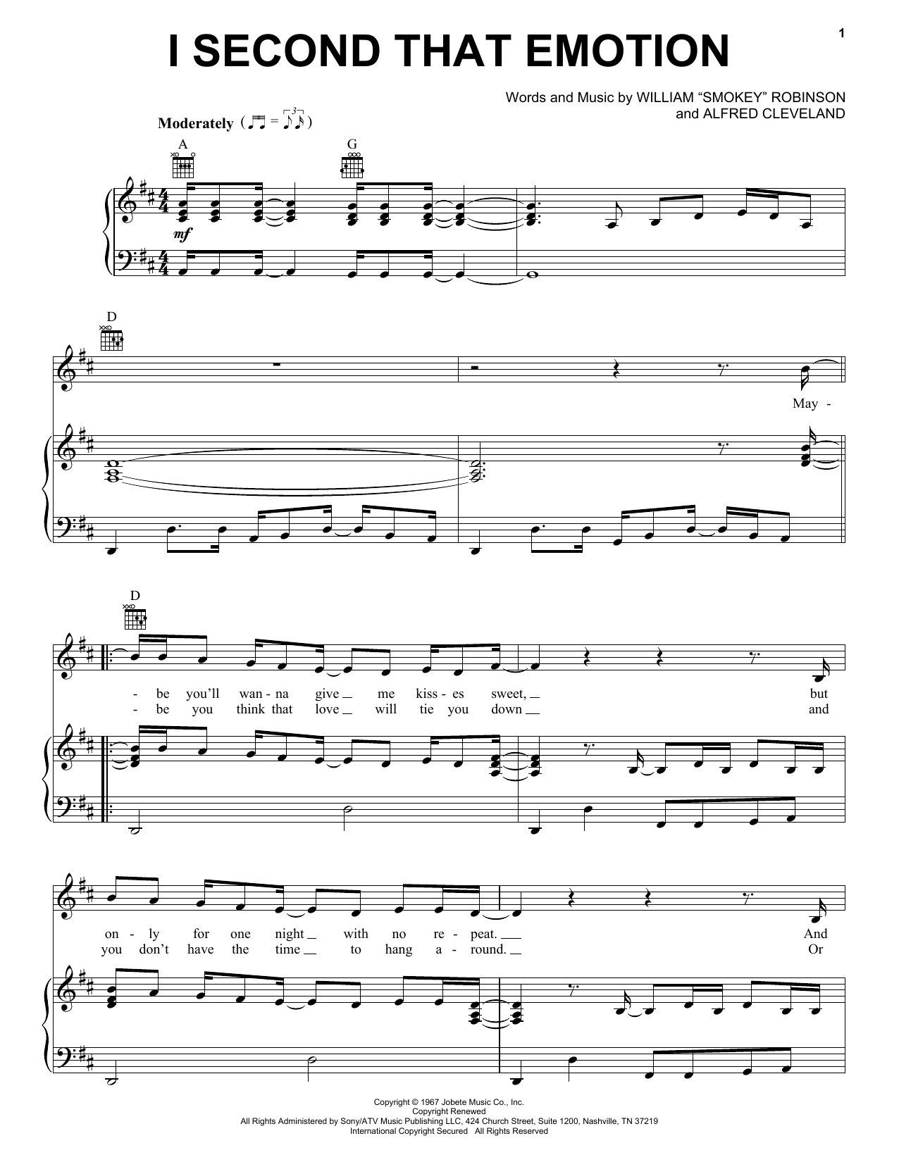 Smokey Robinson & The Miracles I Second That Emotion Sheet Music Notes & Chords for Melody Line, Lyrics & Chords - Download or Print PDF