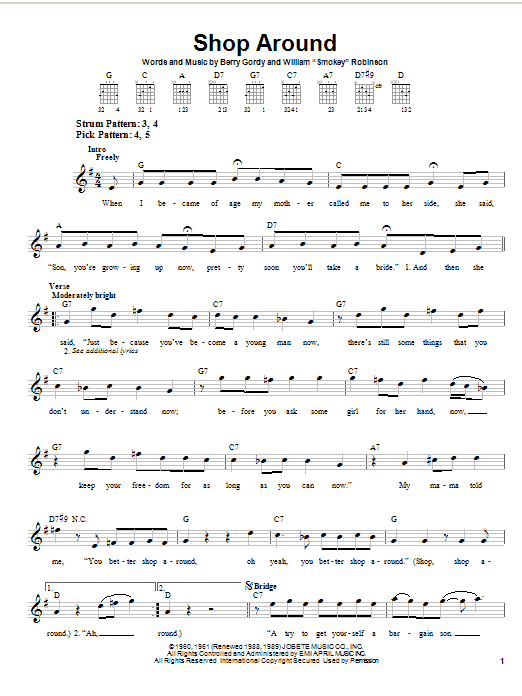 Smokey Robinson & The Miracles Shop Around Sheet Music Notes & Chords for Bass Guitar Tab - Download or Print PDF