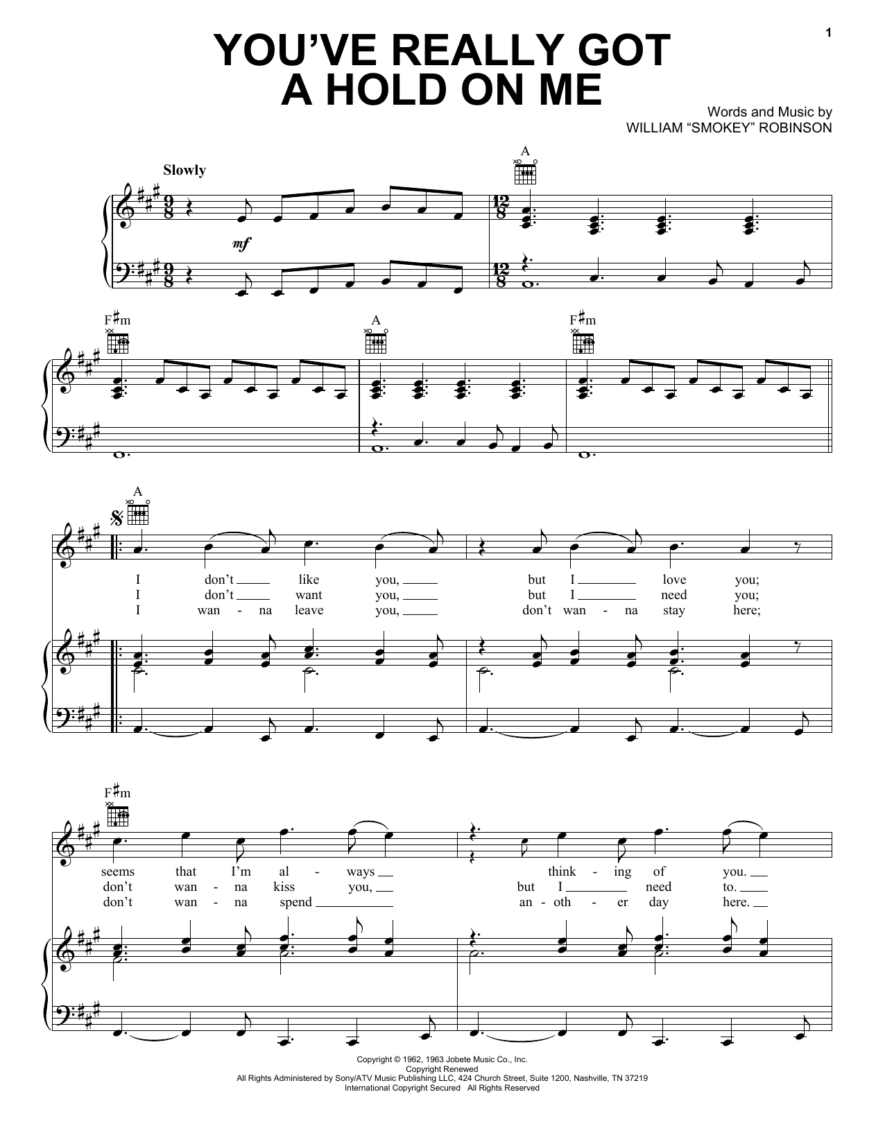 Smokey Robinson & The Miracles You've Really Got A Hold On Me Sheet Music Notes & Chords for Lyrics & Chords - Download or Print PDF