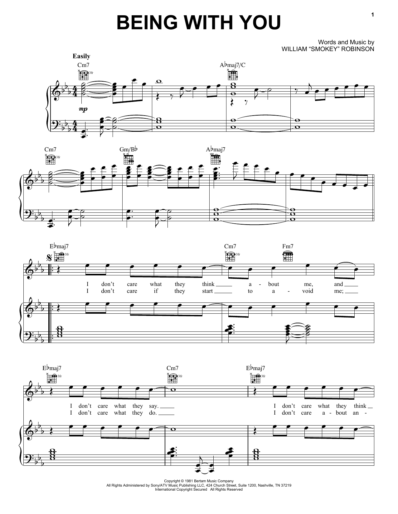 Smokey Robinson Being With You Sheet Music Notes & Chords for Piano, Vocal & Guitar (Right-Hand Melody) - Download or Print PDF