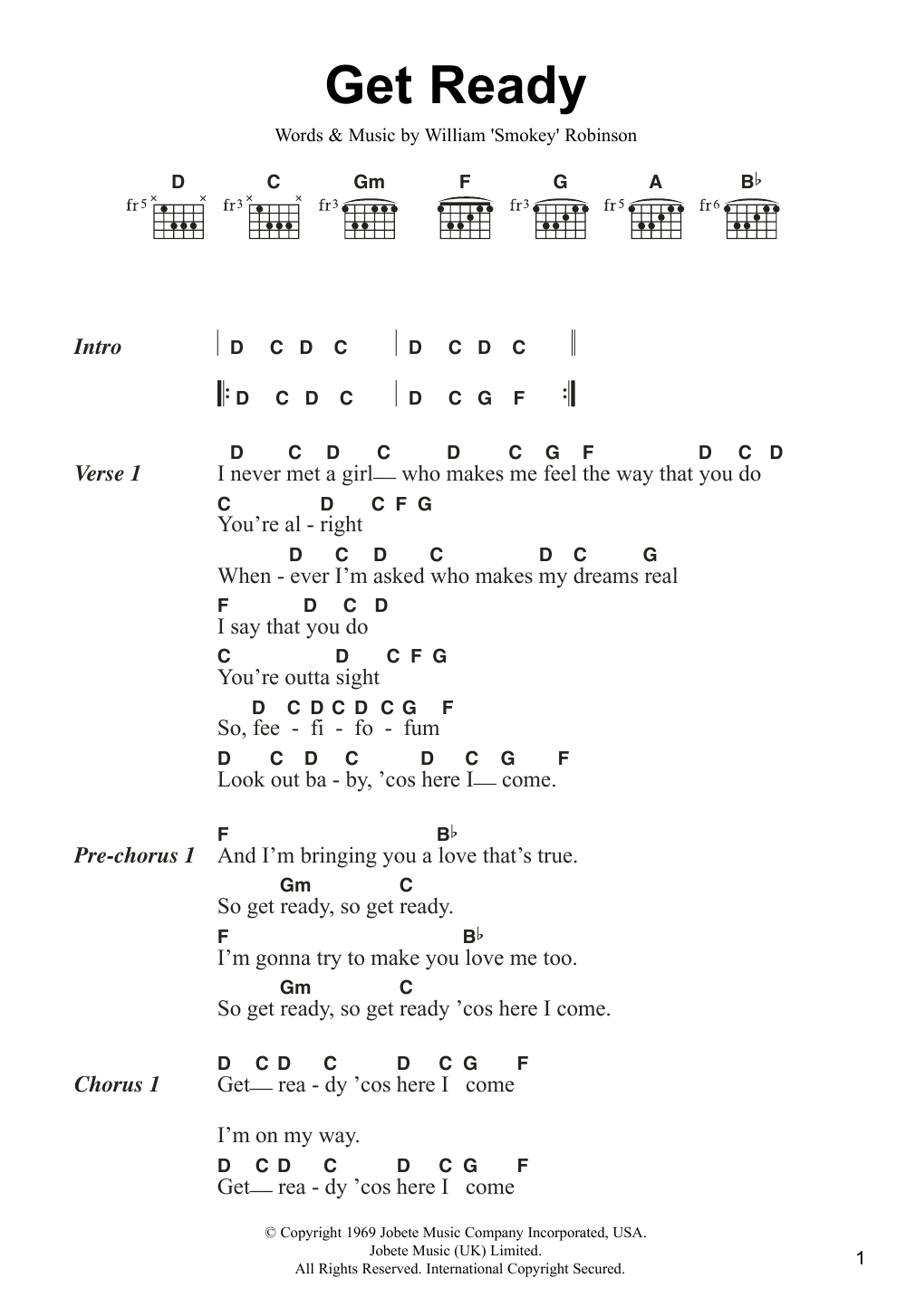 Smokey Robinson Get Ready Sheet Music Notes & Chords for Lyrics & Chords - Download or Print PDF