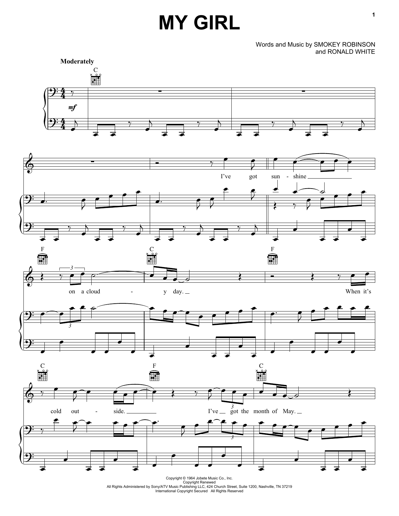 Smokey Robinson My Girl Sheet Music Notes & Chords for Piano, Vocal & Guitar (Right-Hand Melody) - Download or Print PDF