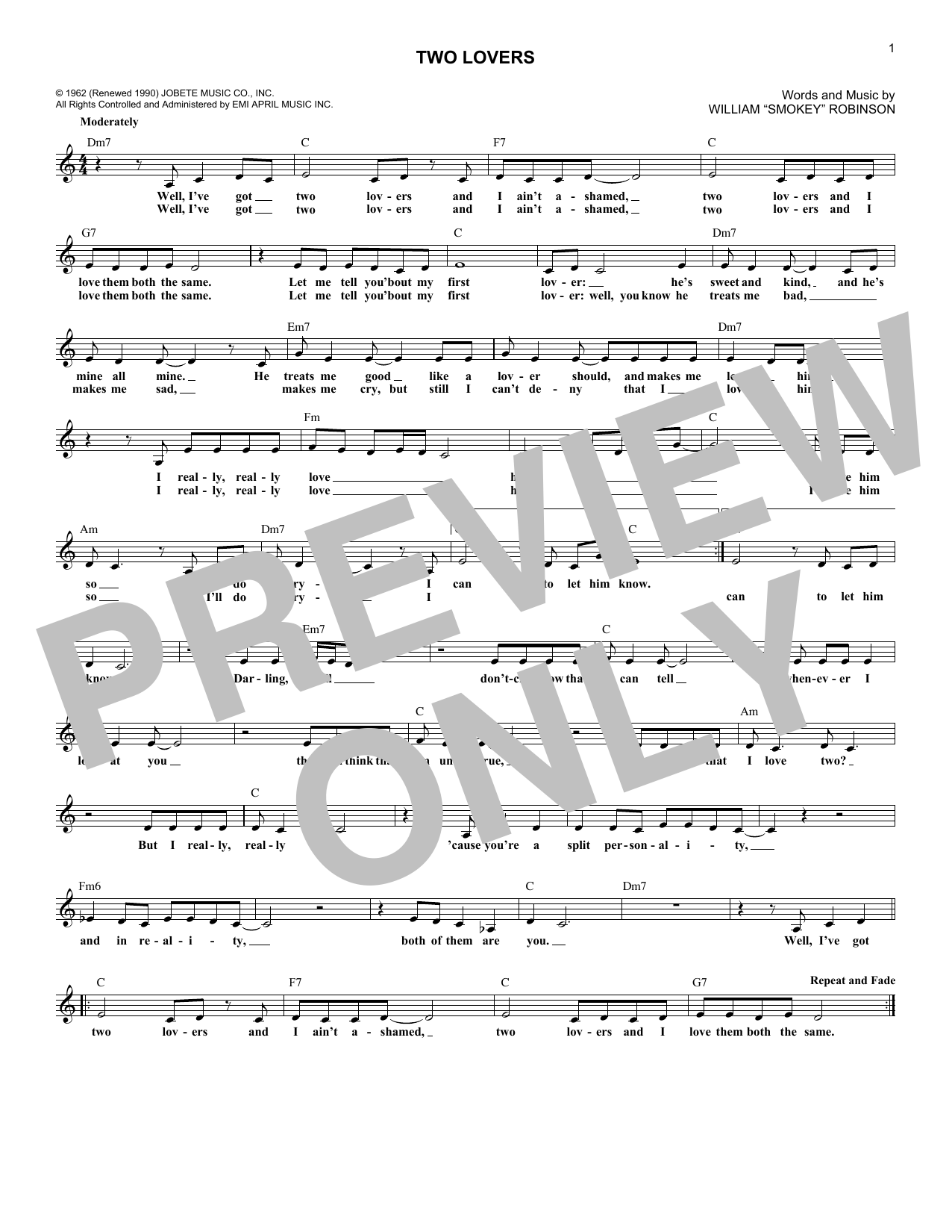 Smokey Robinson Two Lovers Sheet Music Notes & Chords for Melody Line, Lyrics & Chords - Download or Print PDF