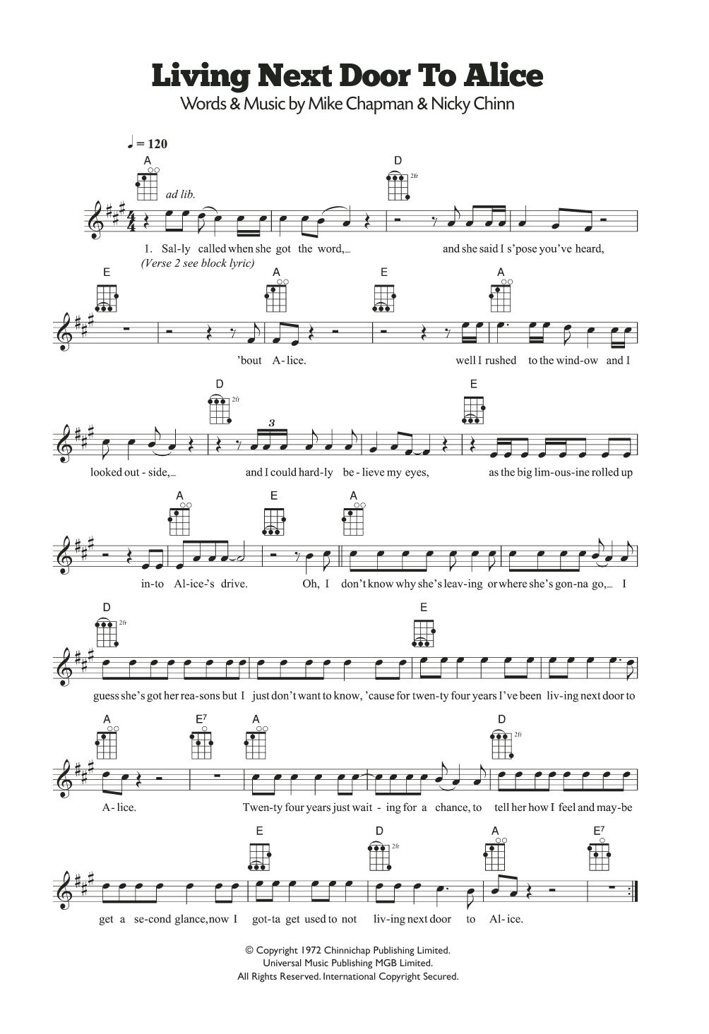 Smokie Living Next Door To Alice Sheet Music Notes & Chords for Ukulele - Download or Print PDF