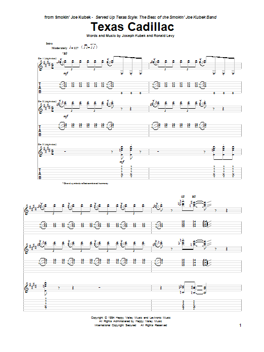 Smokin' Joe Kubek Texas Cadillac Sheet Music Notes & Chords for Guitar Tab - Download or Print PDF