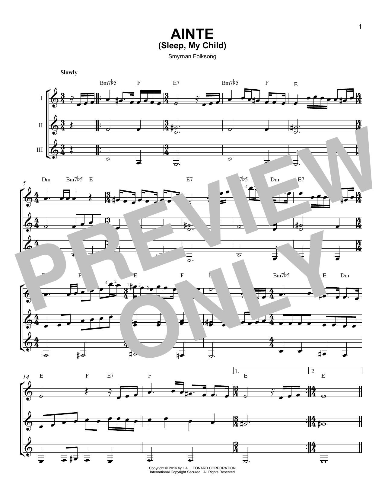 Smyrnan Folksong Ainte (Sleep, My Child) Sheet Music Notes & Chords for Guitar Ensemble - Download or Print PDF