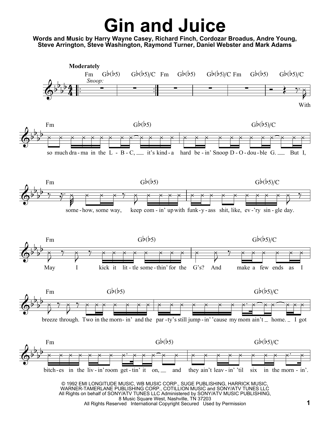 Snoop Dog Gin And Juice Sheet Music Notes & Chords for Voice - Download or Print PDF