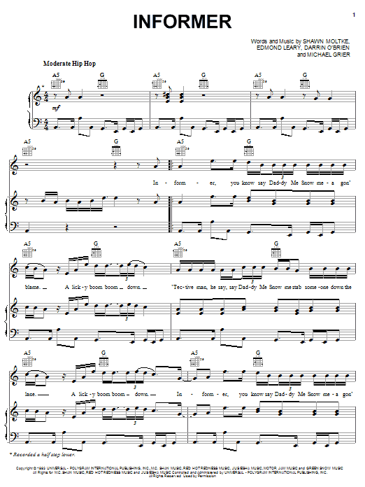 Snow Informer Sheet Music Notes & Chords for Piano, Vocal & Guitar (Right-Hand Melody) - Download or Print PDF